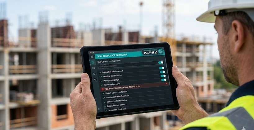 Engenheiro usando FVS no tablet em obra