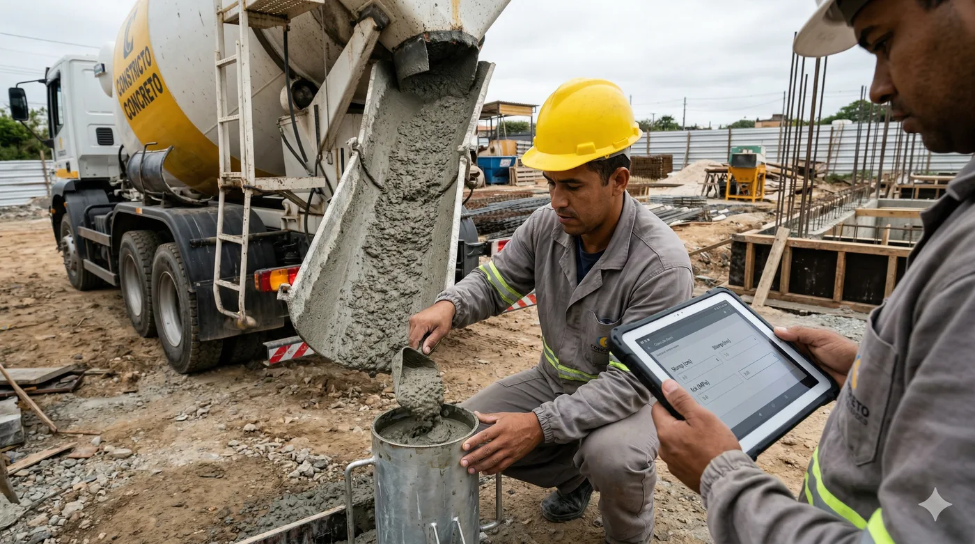 Equipe realizando ensaio de slump ao lado do caminhão betoneira, com registro feito em tablet no canteiro