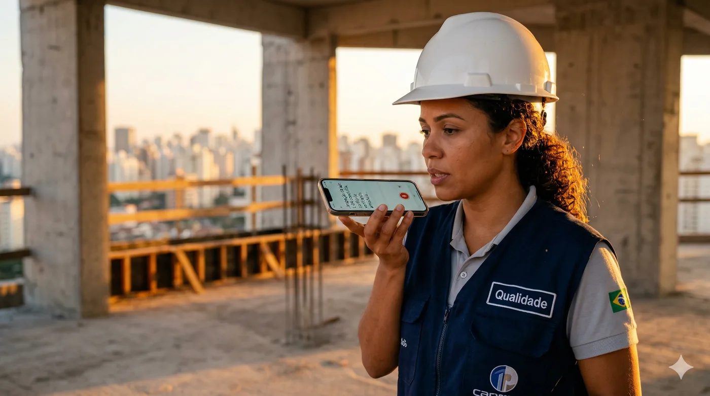 Engenheira de qualidade com capacete ditando o diário de obras pelo celular no alto de um edifício em construção