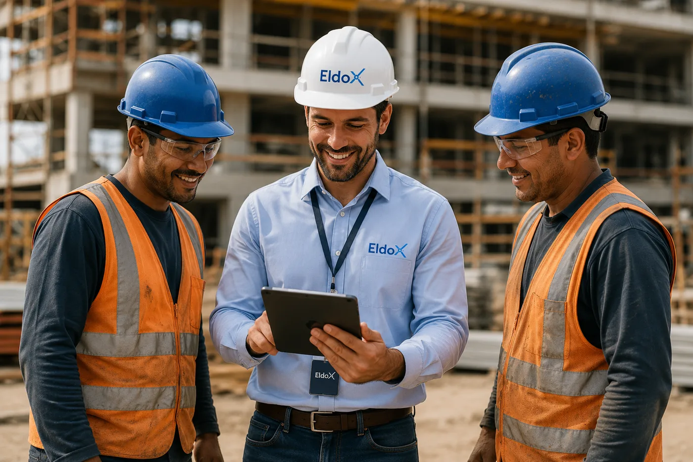 Engenheiro com tablet conduzindo a vistoria de serviço junto à equipe no canteiro de obras