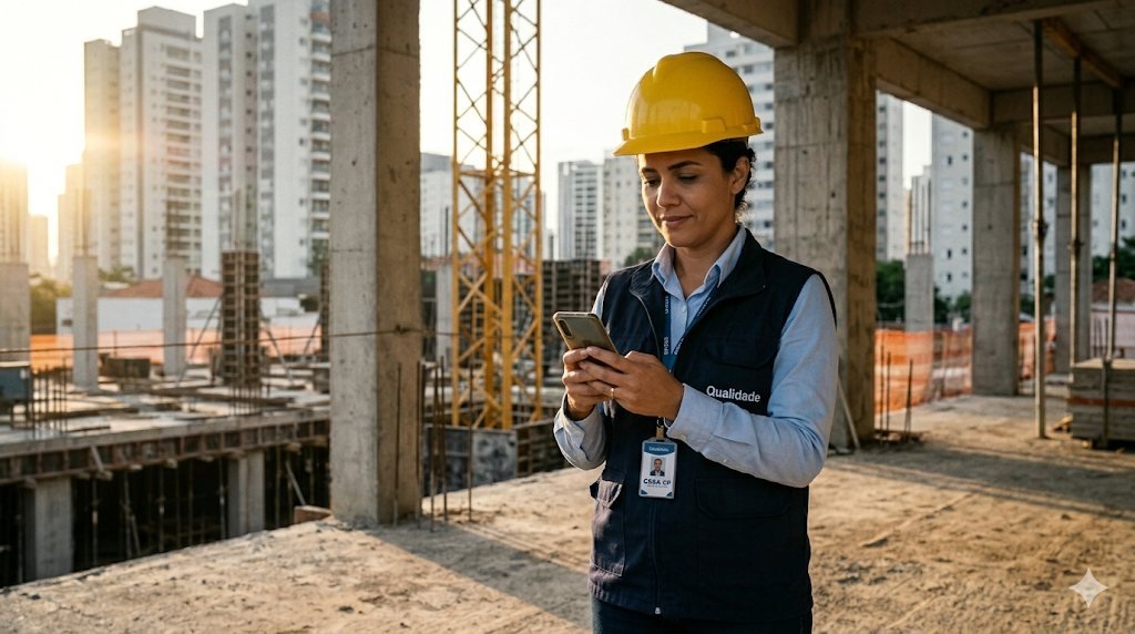 Engenheira de qualidade usando o Eldox em obra