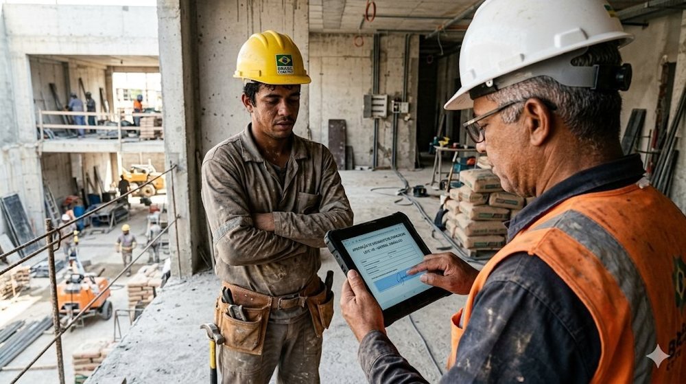 Engenheiro assinando documento digitalmente no tablet em obra