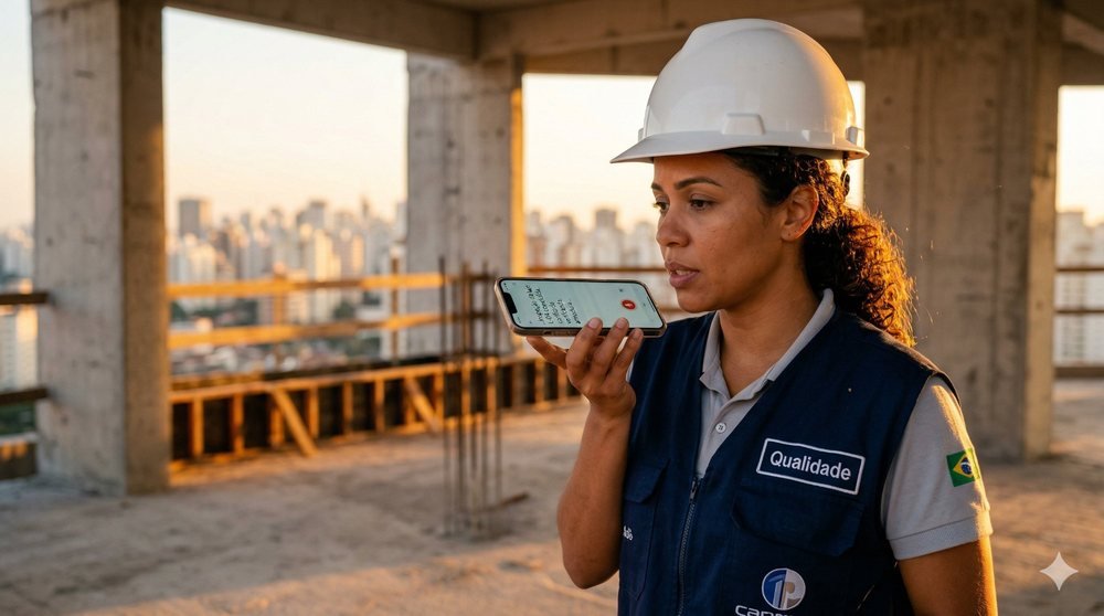 Engenheira registrando diário de obra por voz no canteiro