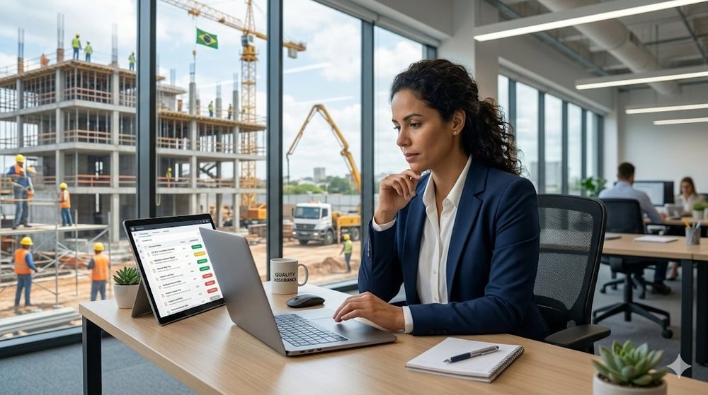 Gestora de qualidade revisando documentos com obra ao fundo