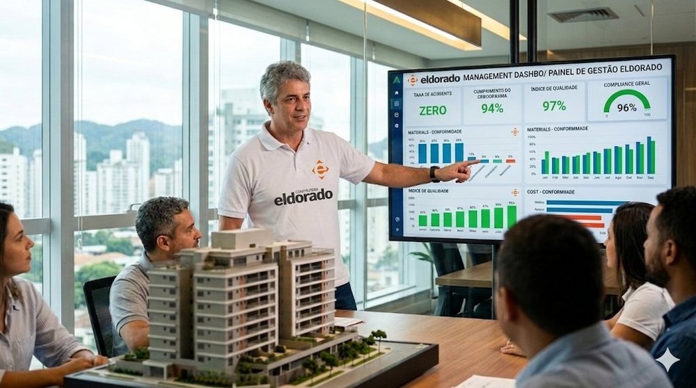 Diretor apresentando KPIs de qualidade em reunião