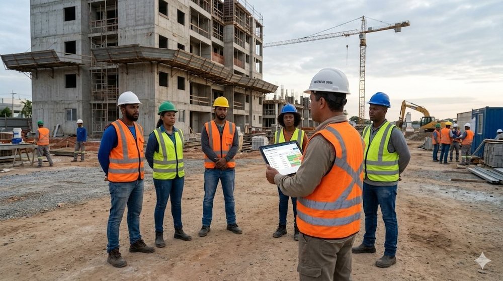 Mestre de obra fazendo briefing com equipe no canteiro