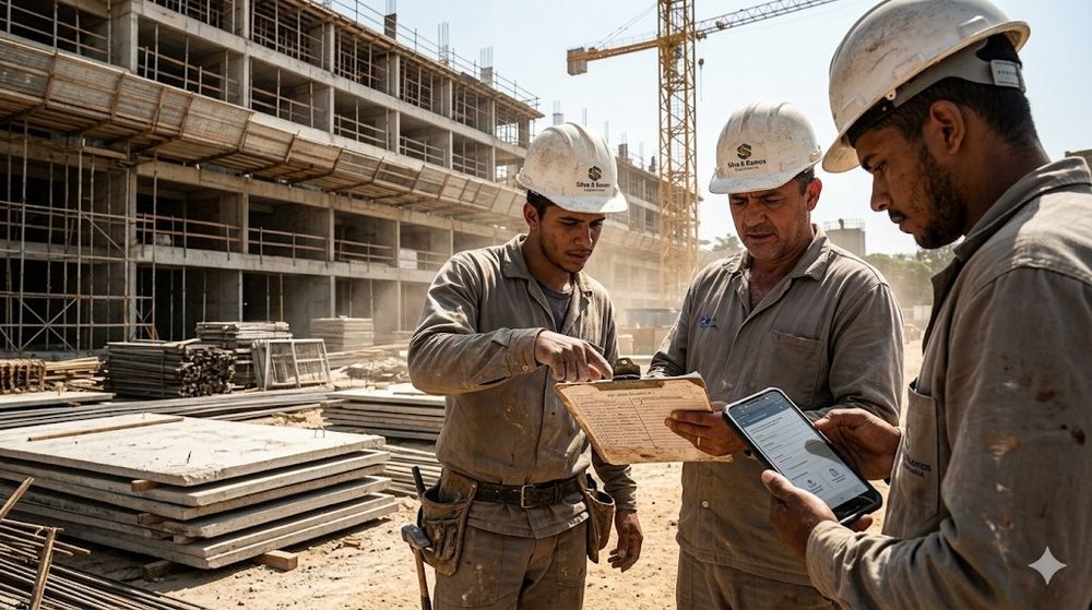 Equipe de terceirizados revisando documentos no canteiro