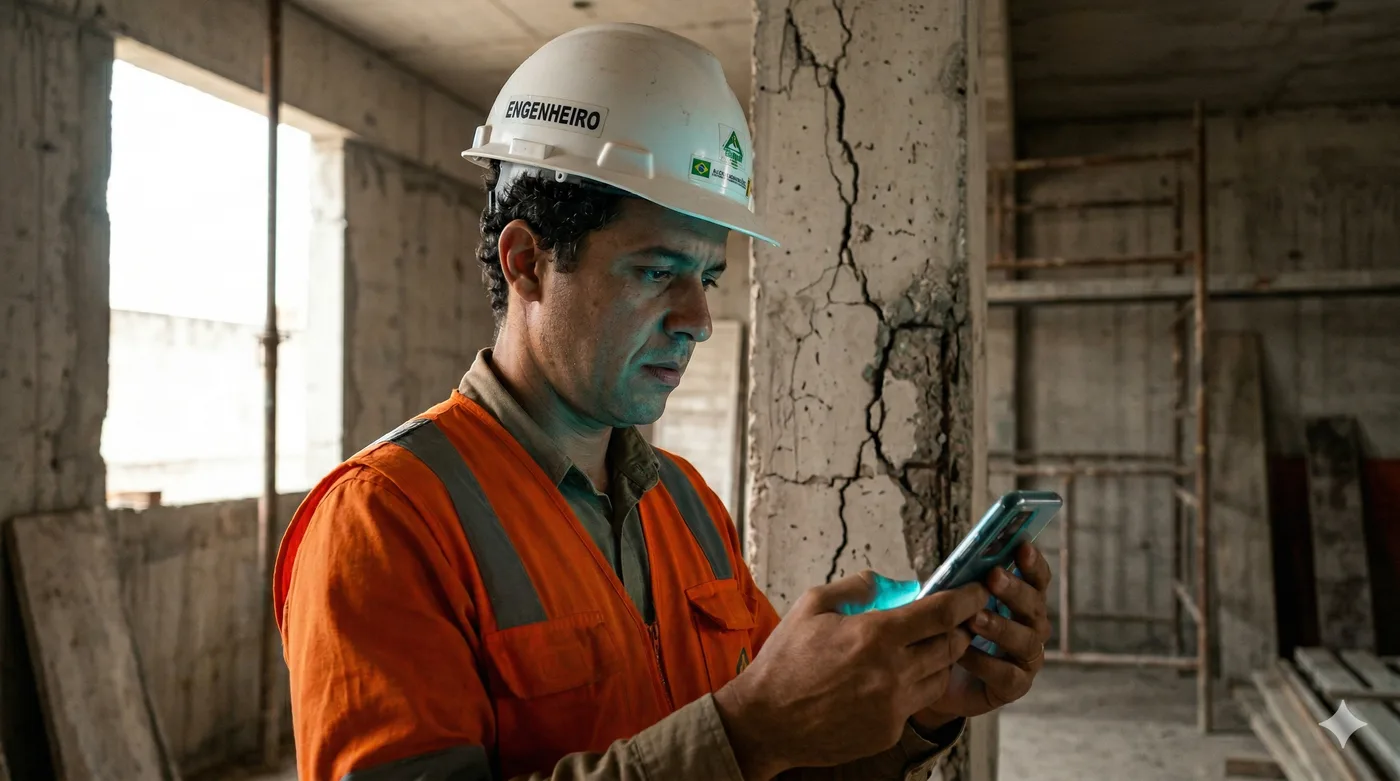 Engenheiro de capacete registrando uma não conformidade pelo celular diante de uma parede de concreto com fissuras